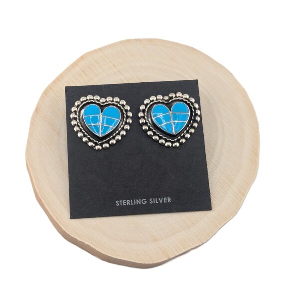 Zuni Kingman Turquoise Heart Inlay Stud Earrings Handcrafted Native American ** - Picture 4 of 11